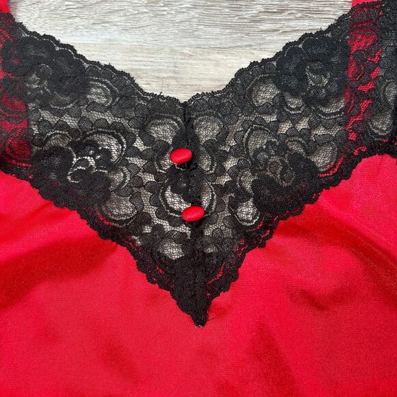 Avon Style Red Satin Slip Dress with Black Lace Trim and Button Front - Picture 2 of 6
